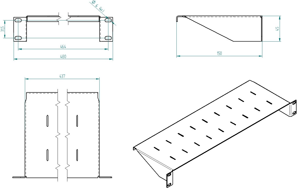 Masterlan fixed perforated shelf. 1U, 19", 150mm, load capacity 15kg, gray