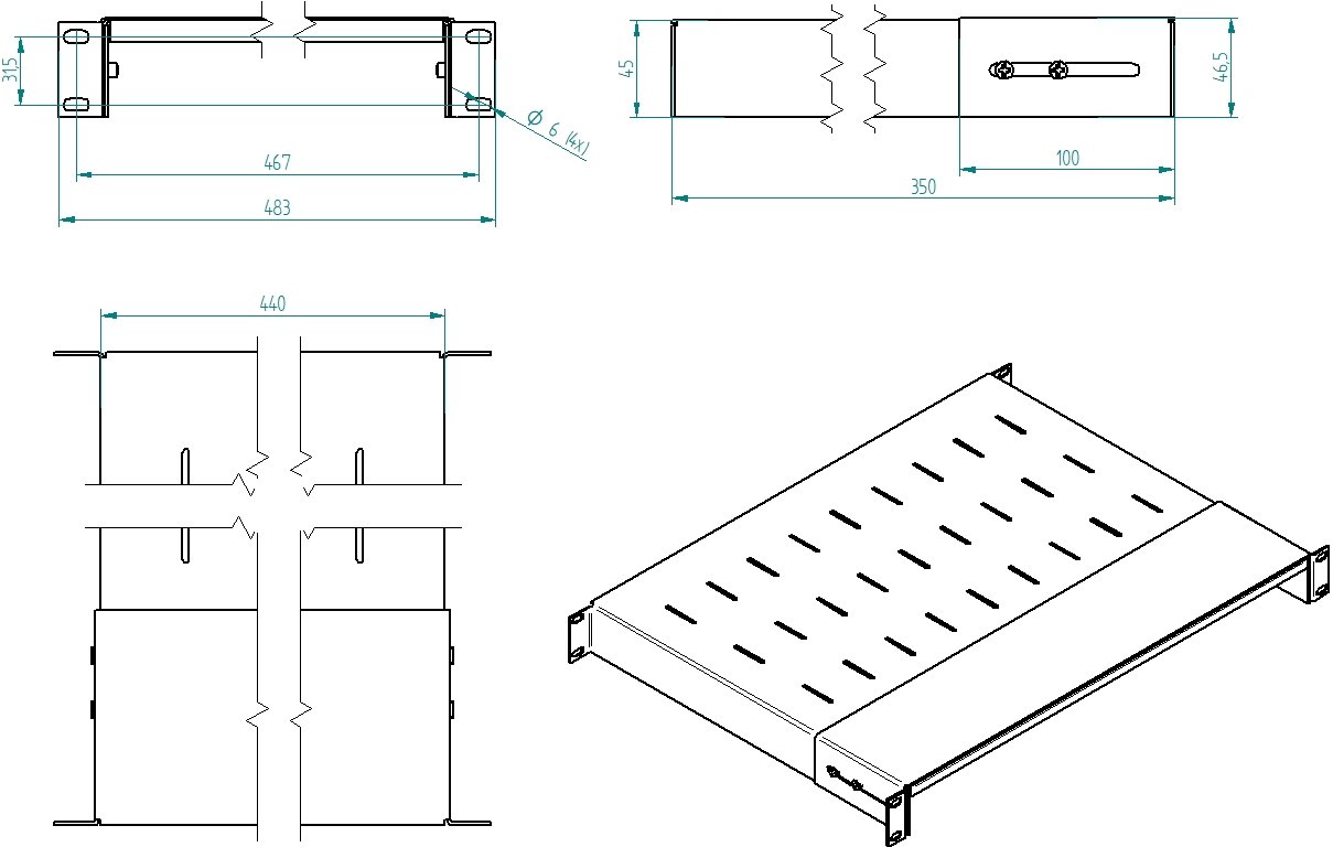 Masterlan fixed perforated shelf, 1U, 19", 350mm, load capacity 40kg, grey